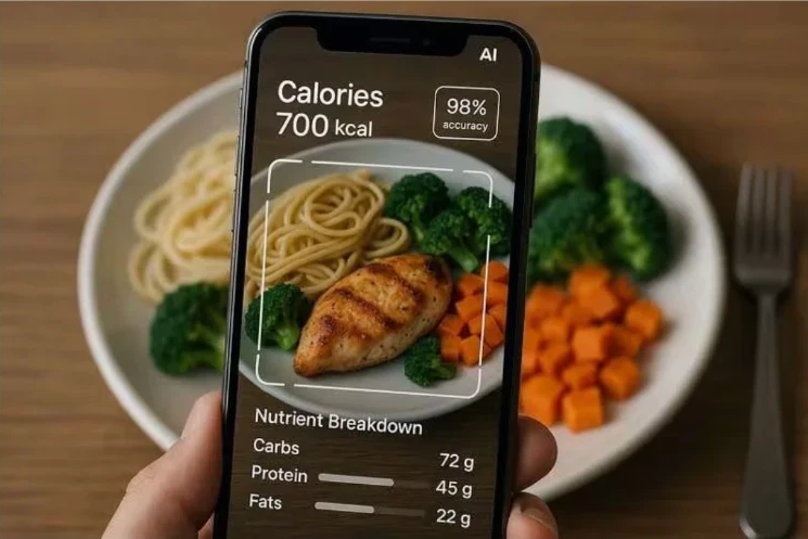NutriScan scanning a plate of chicken, pasta and vegetables with a carb and nutrient breakdown